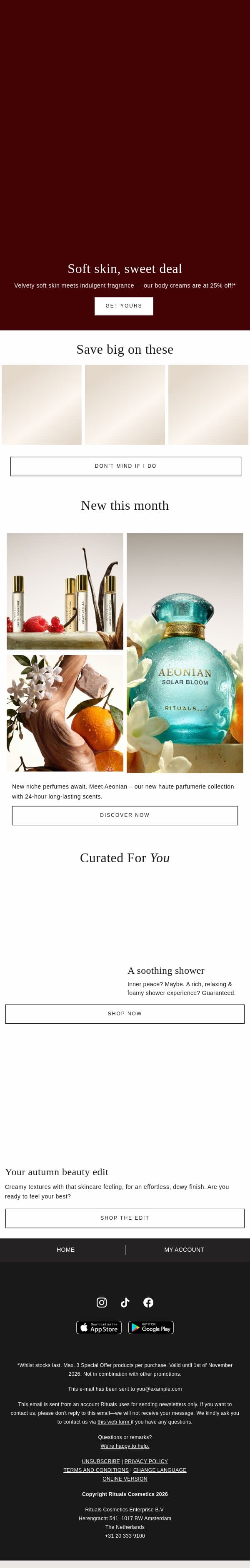 Save money and get soft skin email from Rituals screenshot