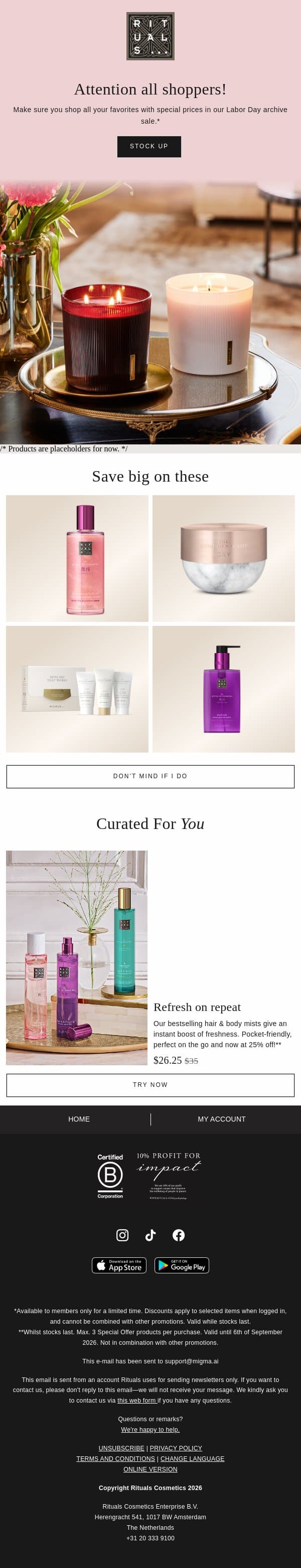 Labor Day savings are here email from Rituals screenshot