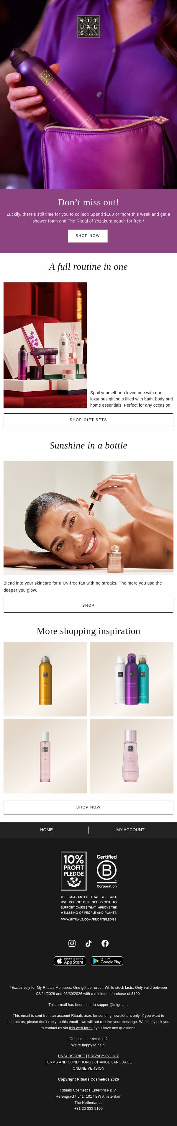 Pouch and shower foam gift ends soon! email from Rituals screenshot