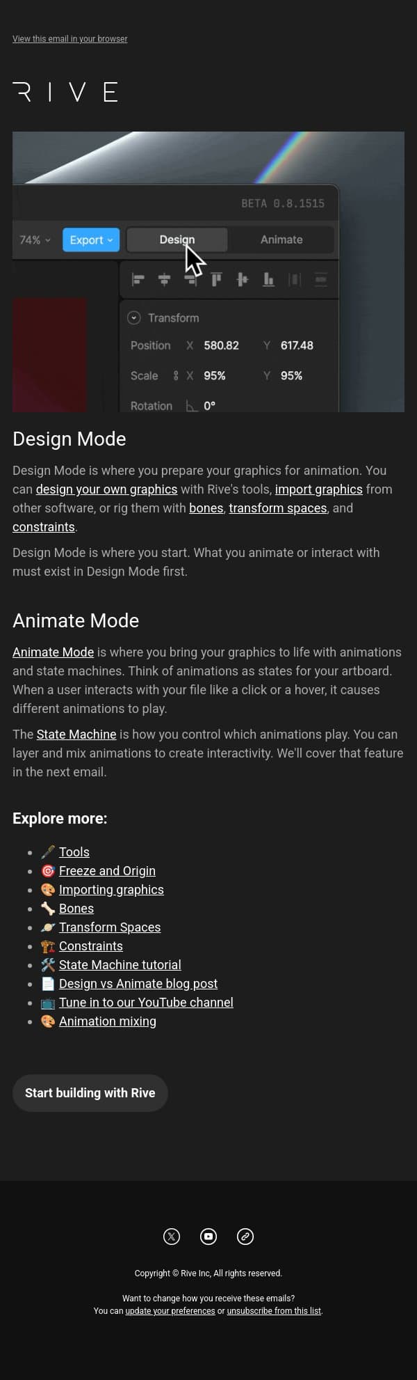 Design vs Animate Modes email from Rive screenshot