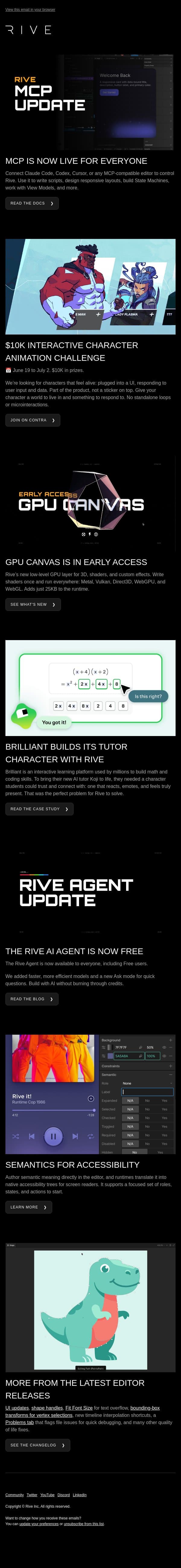 MCP is live for everyone + the $10K Interactive Character Challenge email from Rive screenshot