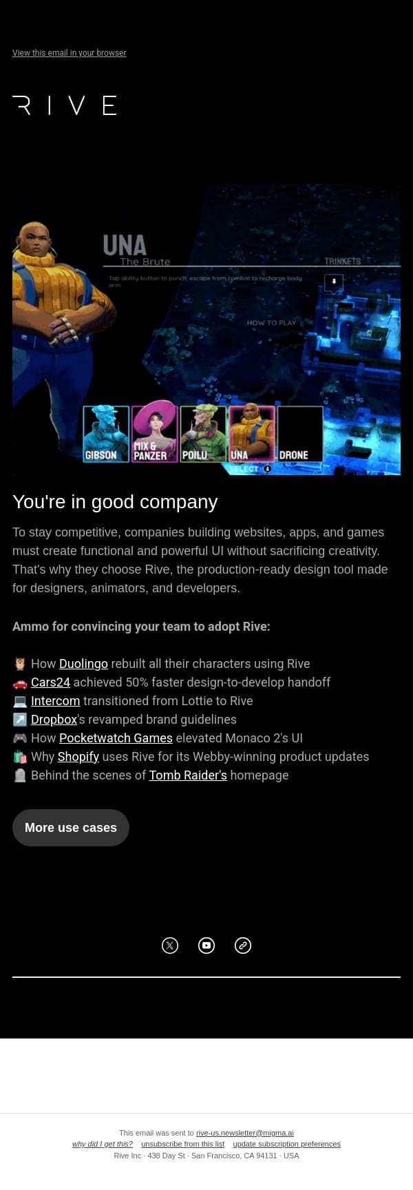 How Duolingo, Shopify, and Tomb Raider use Rive email from Rive screenshot