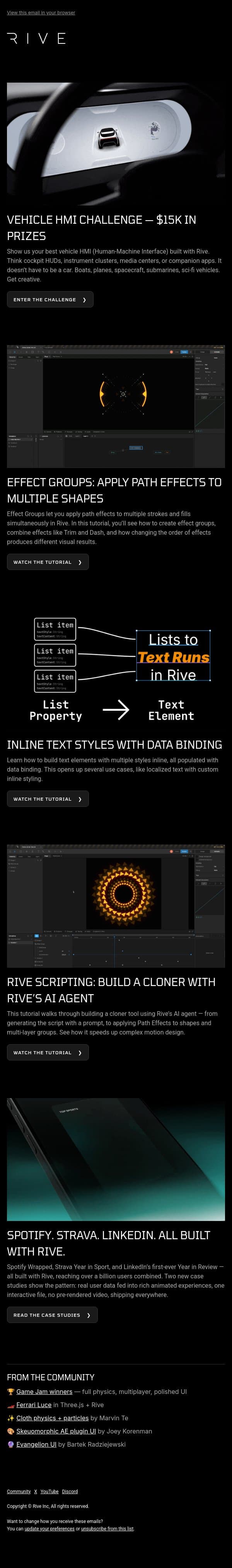 $15K in prizes, new Effect Groups feature, and a billion users built with Rive email from Rive screenshot
