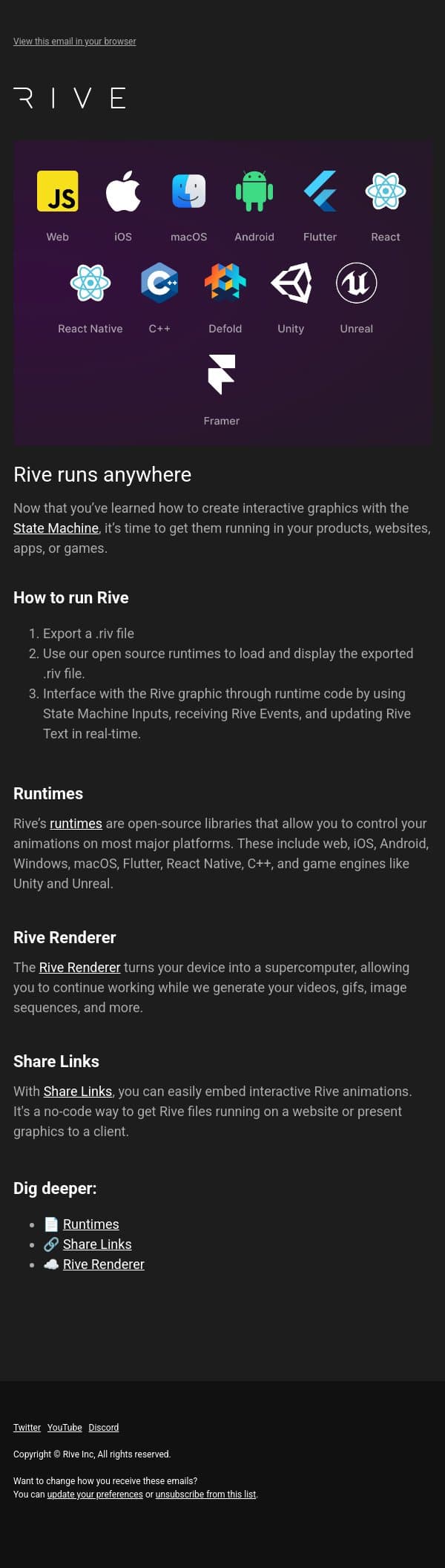 How to run Rive in websites, apps, and games email from Rive screenshot