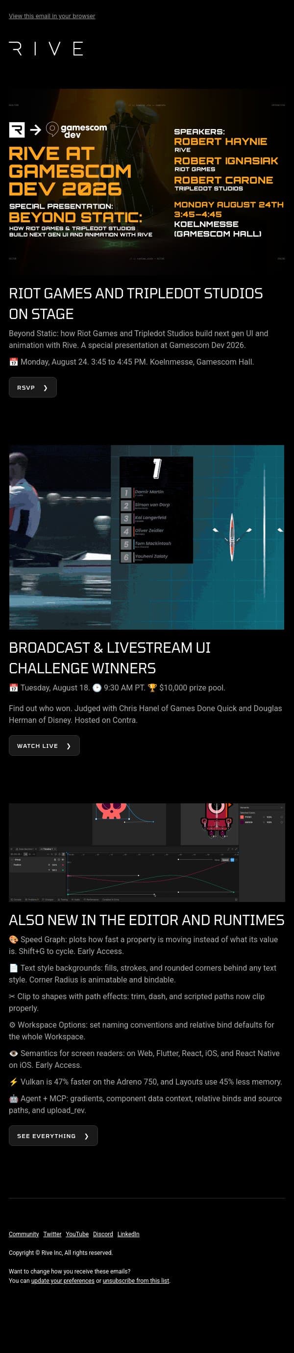 Riot Games and Tripledot Studios on stage, plus Challenge winners email from Rive screenshot
