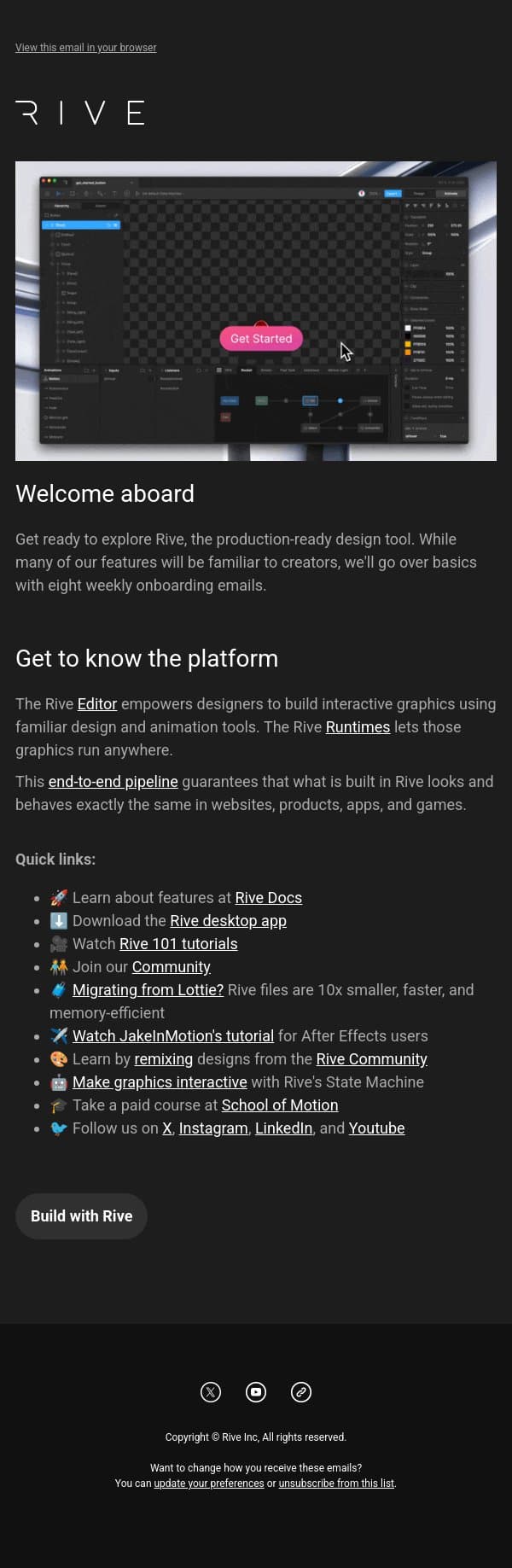Your Rive starter pack 🎒 email from Rive screenshot