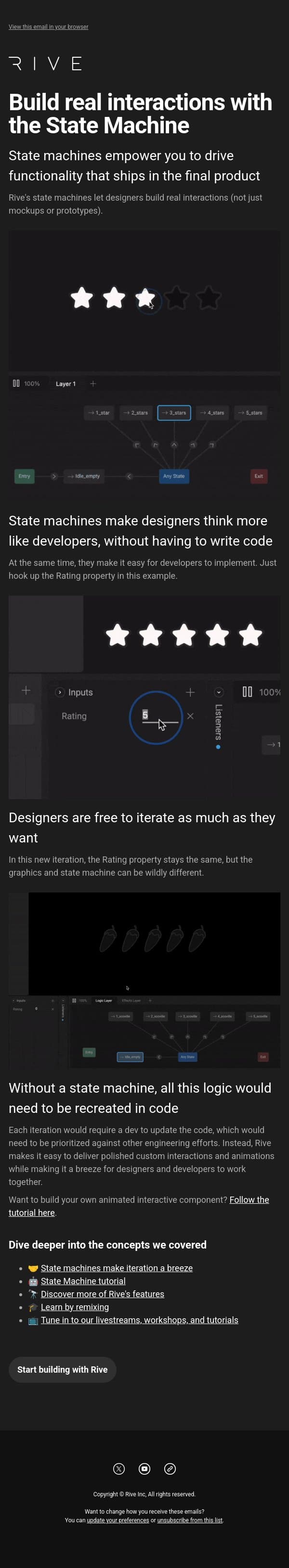 State machines bridge the gap between design and development email from Rive screenshot