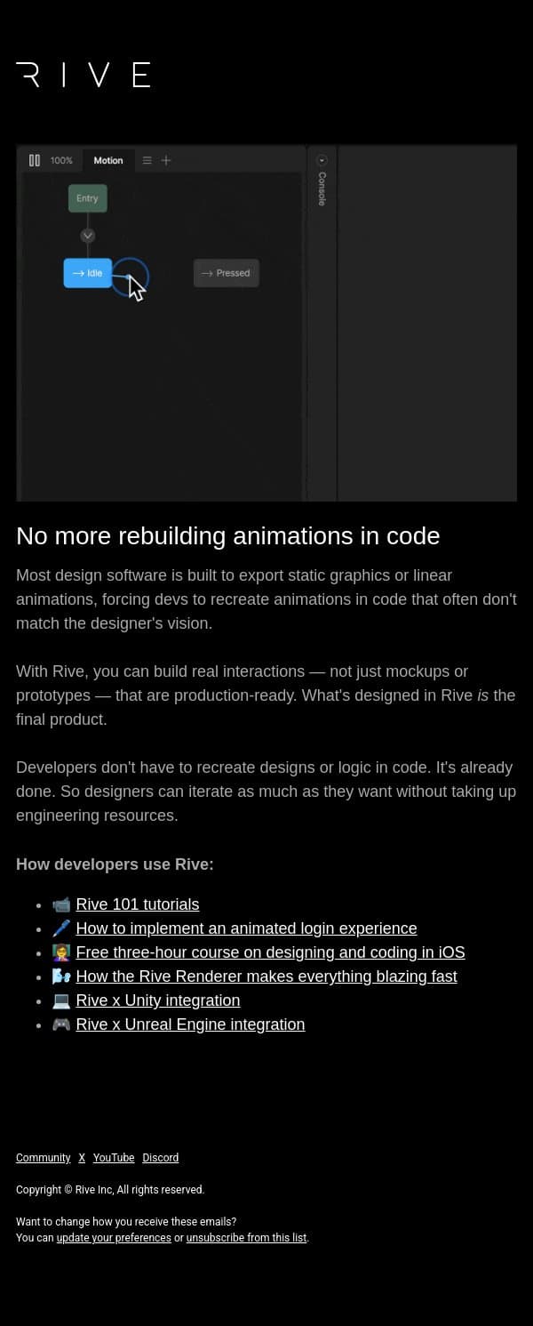 Why engineers don’t have to hate animation anymore email from Rive screenshot