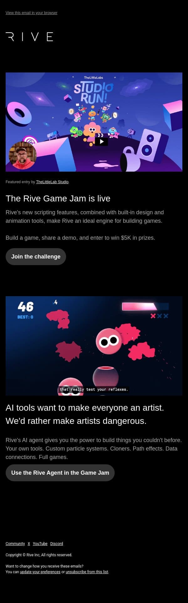 Rive Game Jam email from Rive screenshot