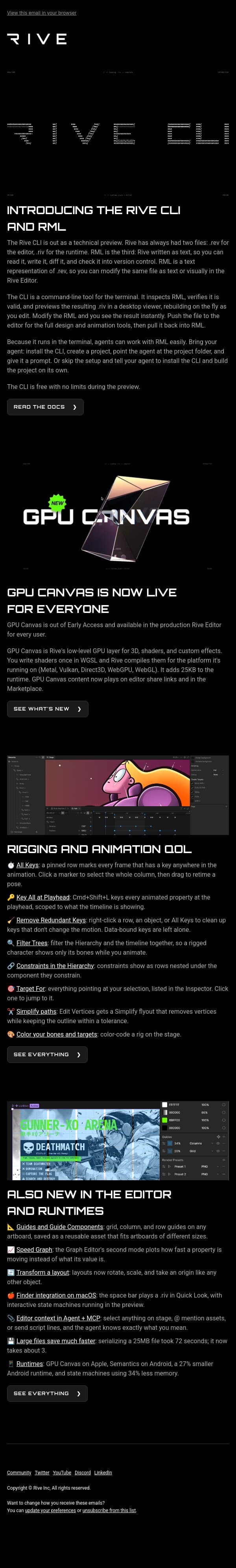 Introducing the Rive CLI and RML, plus GPU Canvas for everyone email from Rive screenshot