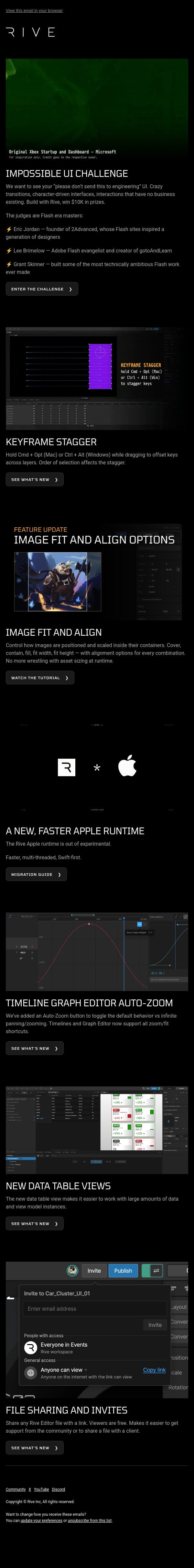 Impossible UI Challenge, new features, and a faster Apple runtime email from Rive screenshot