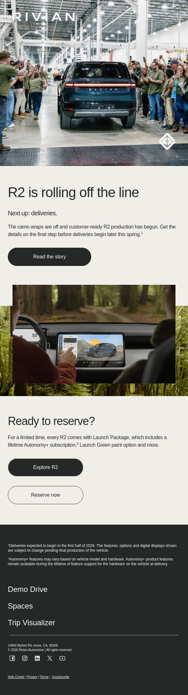 It's official: R2 is in production email from Rivian screenshot