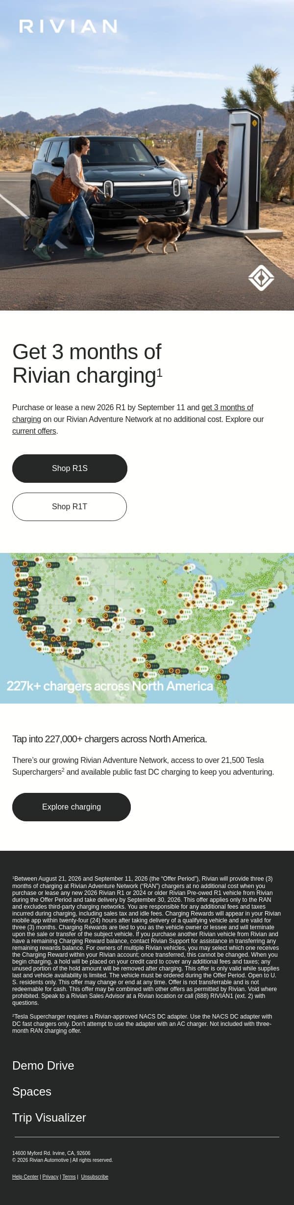 Get 3 months of charging with a new 2026 R1 email from Rivian screenshot