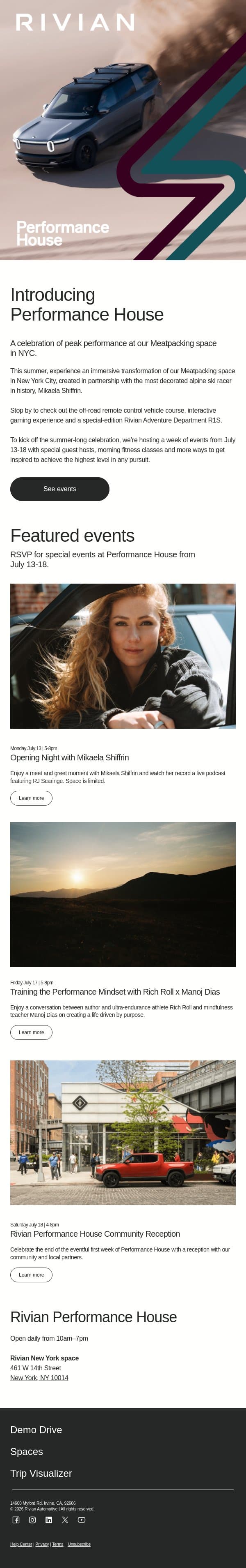 NYC: Performance House begins July 13 email from Rivian screenshot
