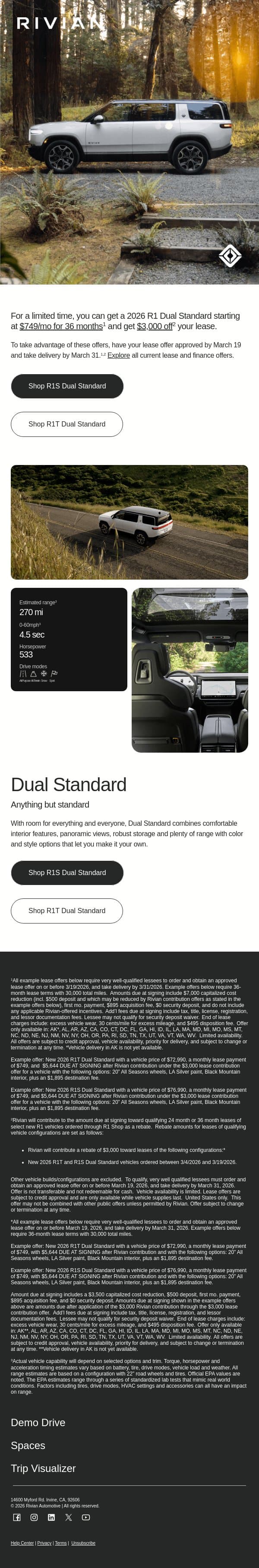 Get ready for spring with R1 Dual Standard for $749/mo email from Rivian screenshot