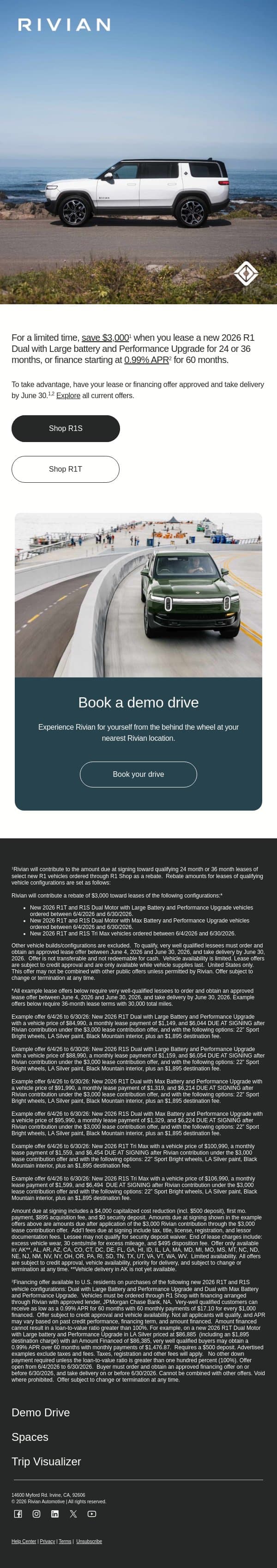 Save on R1 Dual with Large battery and Performance Upgrade email from Rivian screenshot