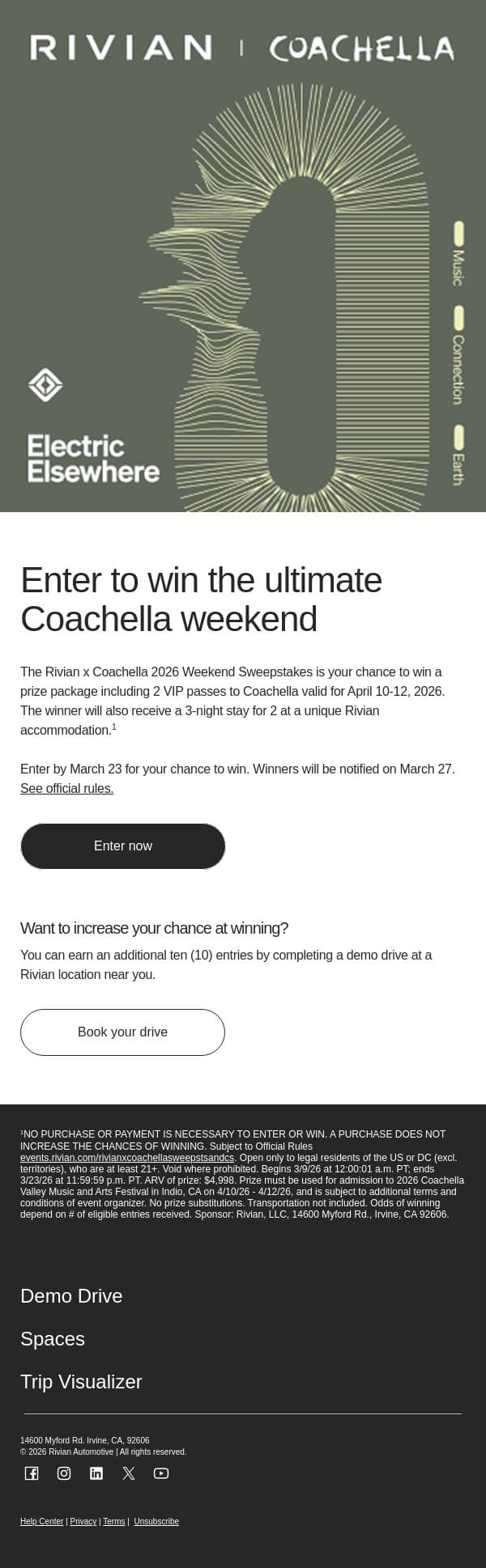 Win the ultimate Coachella weekend experience email from Rivian screenshot