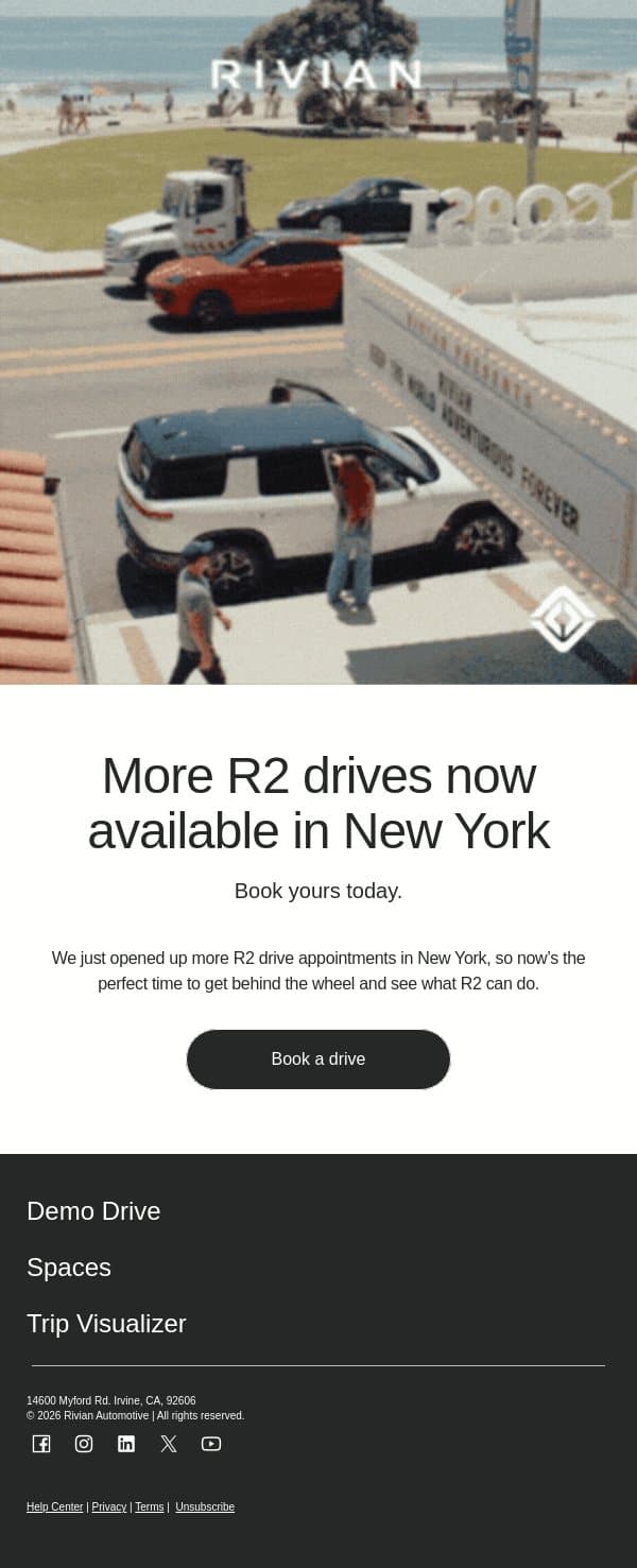 New York: more R2 drives just opened up email from Rivian screenshot