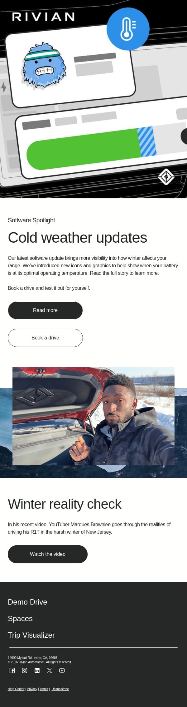 Better cold weather driving email from Rivian screenshot