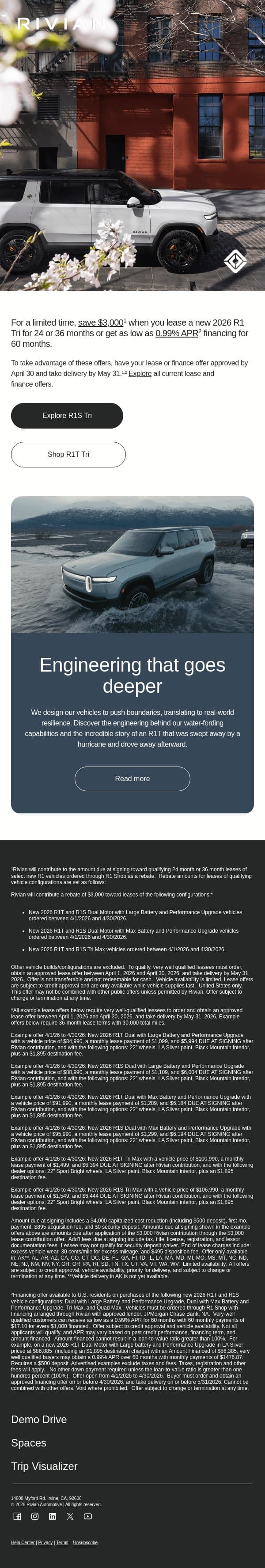 Save $3,000 on new R1 Tri leases email from Rivian screenshot