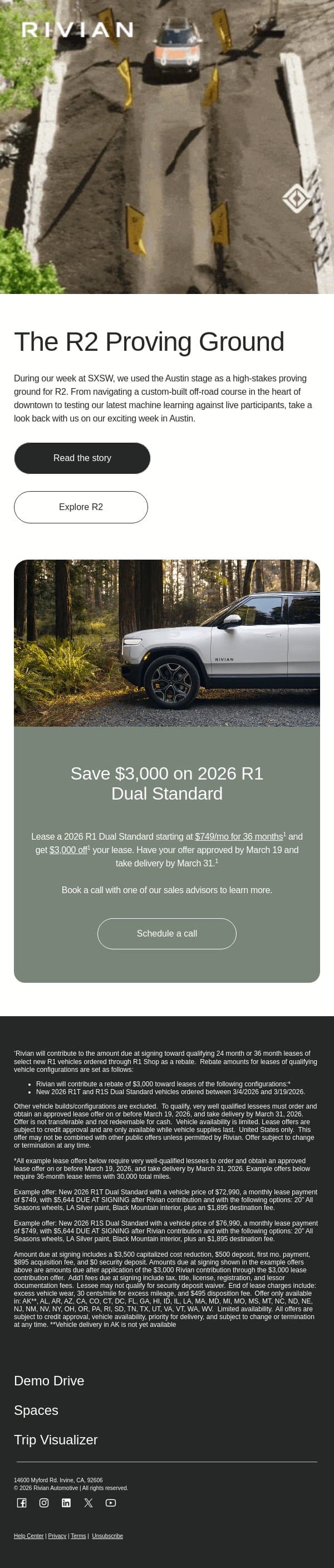 See R2 tackle its first off-road course 🏔️ email from Rivian screenshot