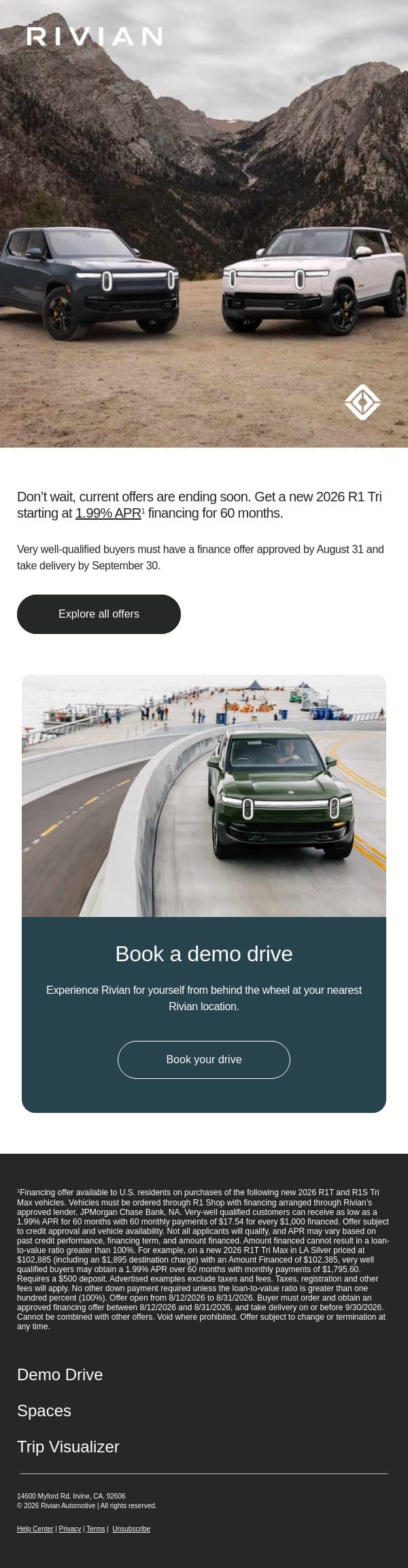 Last call to get new R1 Tri for as low as 1.99% APR email from Rivian screenshot