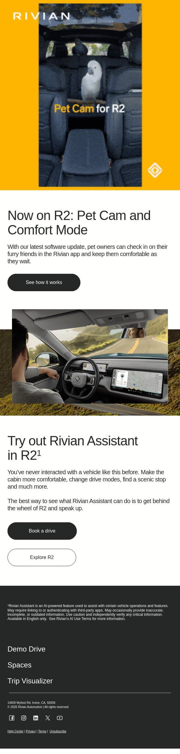 New to R2: Pet Cam and Rivian Assistant email from Rivian screenshot