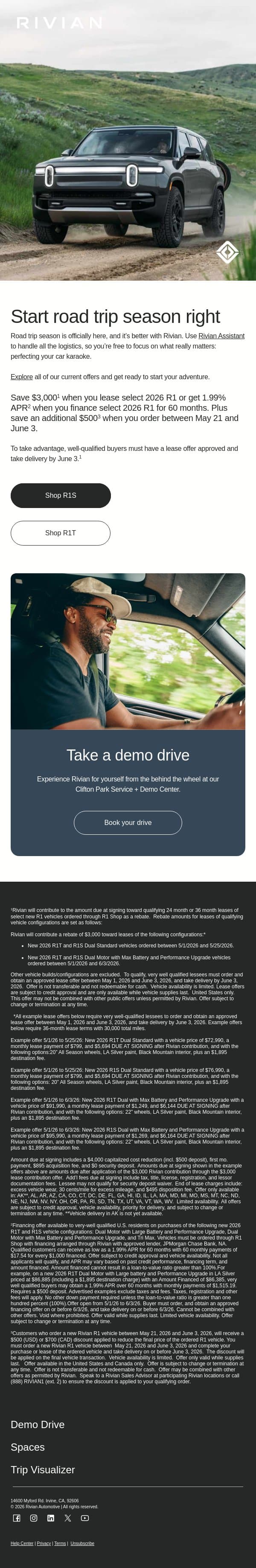 Save $3,000 when you lease select 2026 R1 email from Rivian screenshot