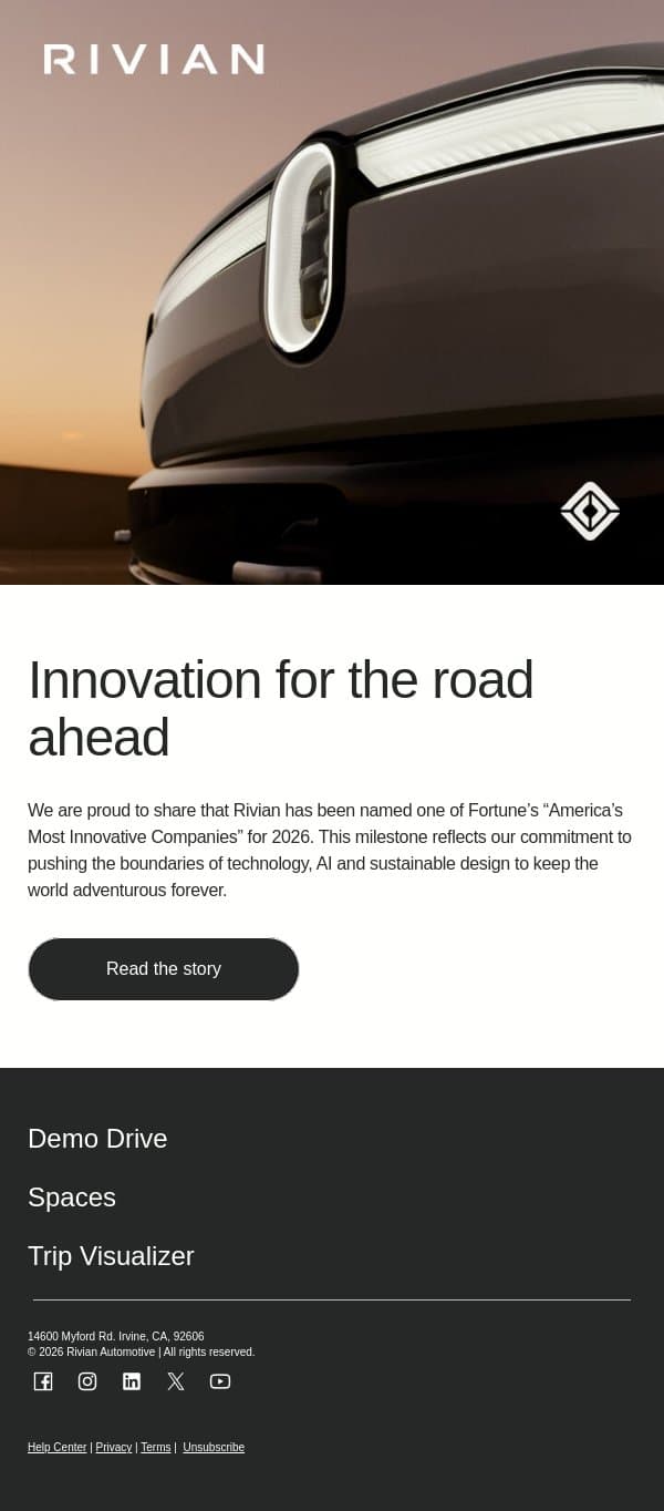 Rivian named one of America’s Most Innovative Companies by Fortune email from Rivian screenshot