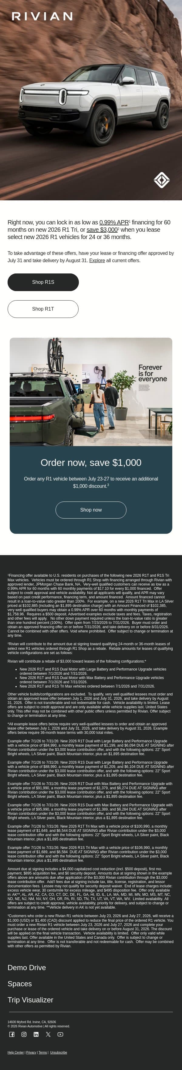Get 0.99% APR on new R1 Tri email from Rivian screenshot