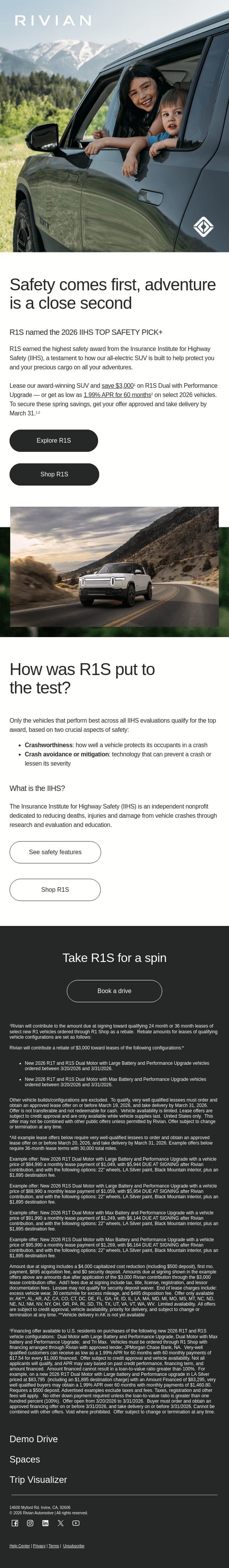 🥇 R1S earns top safety award from IIHS email from Rivian screenshot