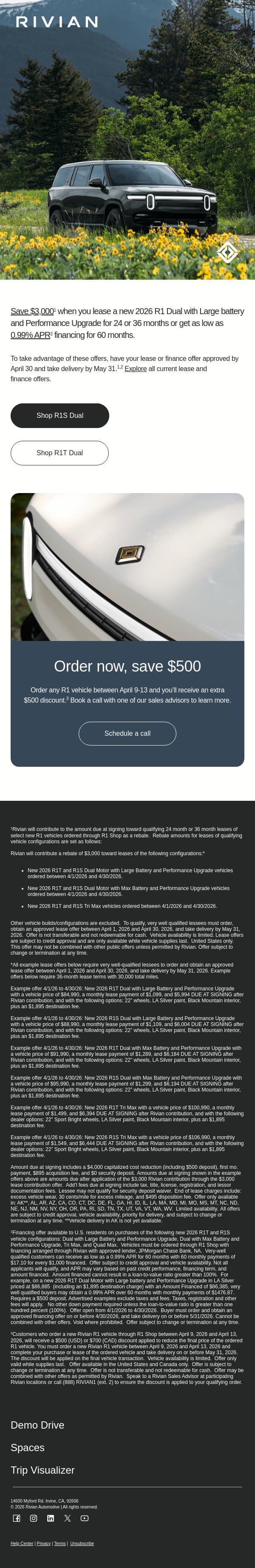 Lease select new R1 Dual and save $3,000 email from Rivian screenshot