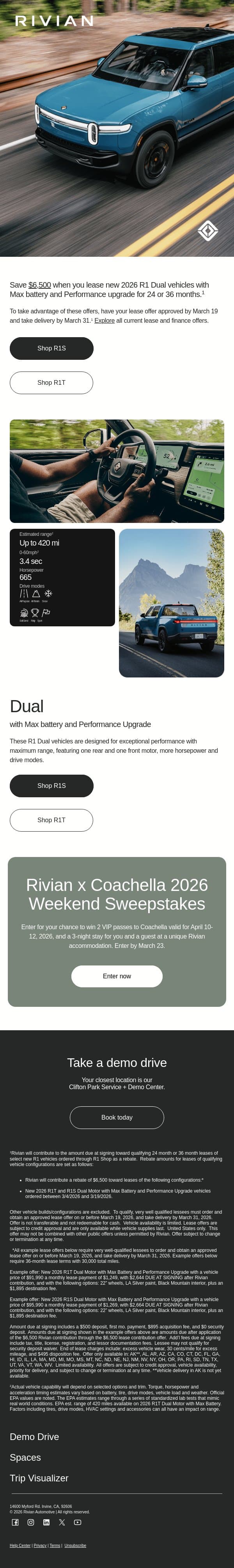 Save $6,500 on select new R1 Dual vehicles email from Rivian screenshot
