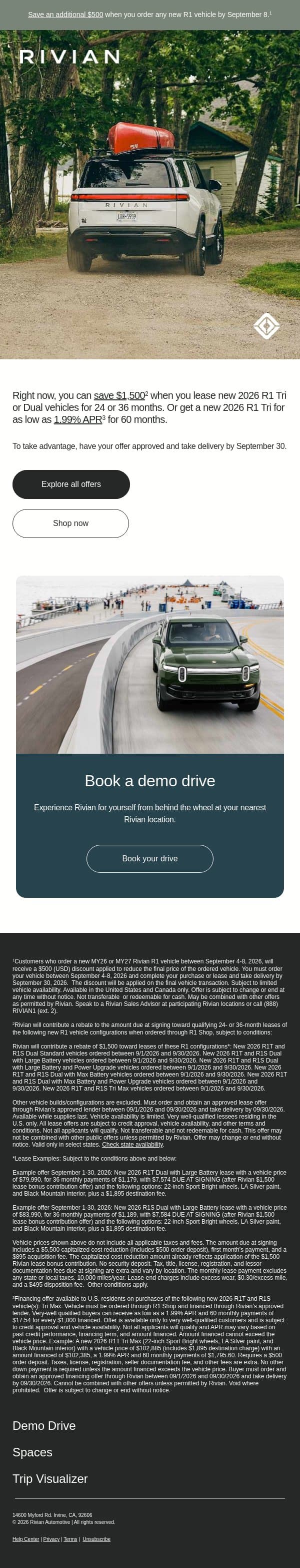 Save $1,500 on select 2026 R1 email from Rivian screenshot