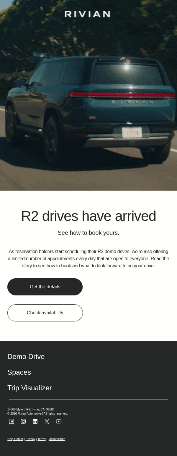 How to book an R2 demo drive email from Rivian screenshot