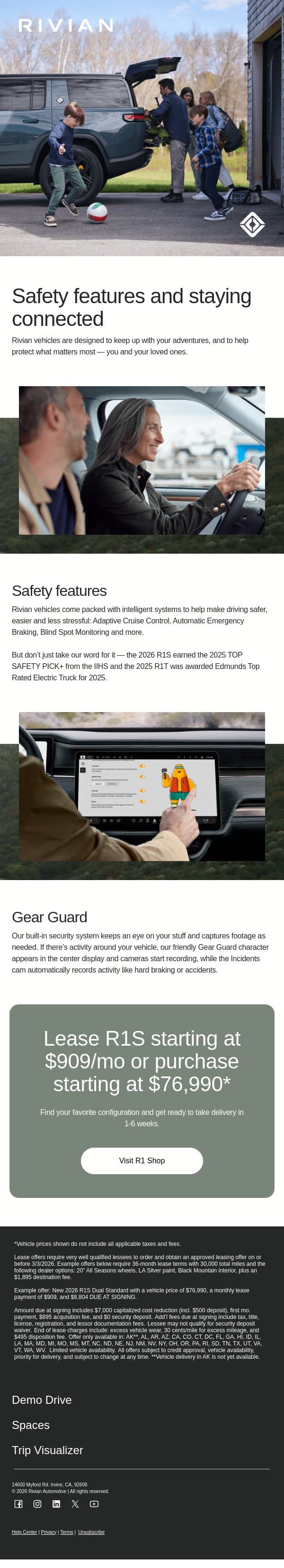 Safety features for peace of mind email from Rivian screenshot