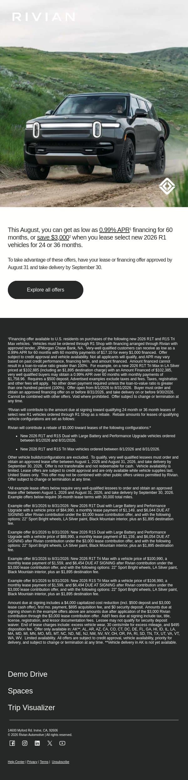 As low as 0.99% APR or save $3,000 on your lease for select 2026 R1 email from Rivian screenshot