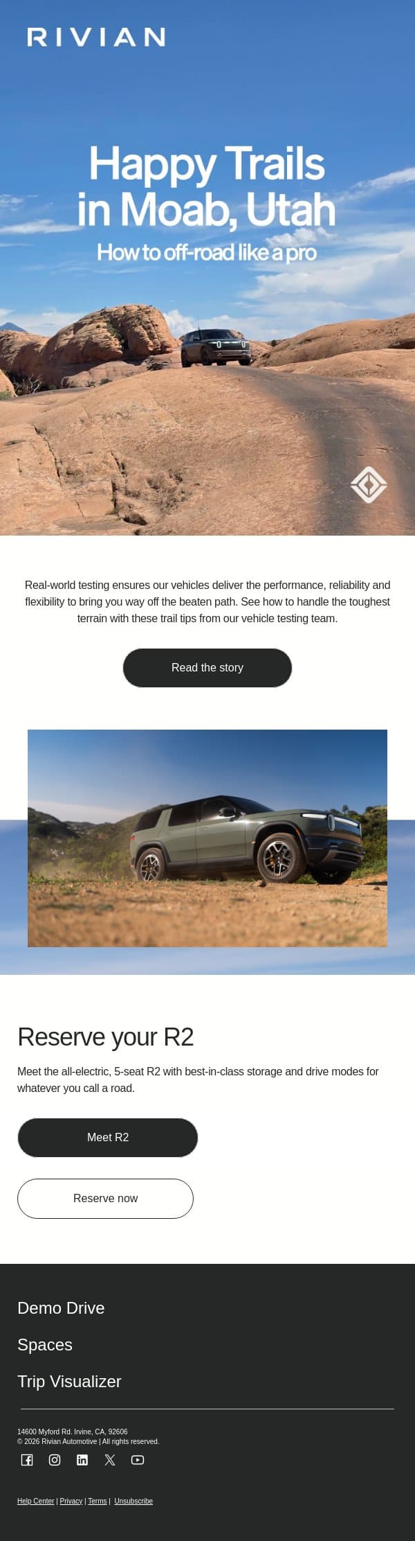Desert off-roading tips email from Rivian screenshot