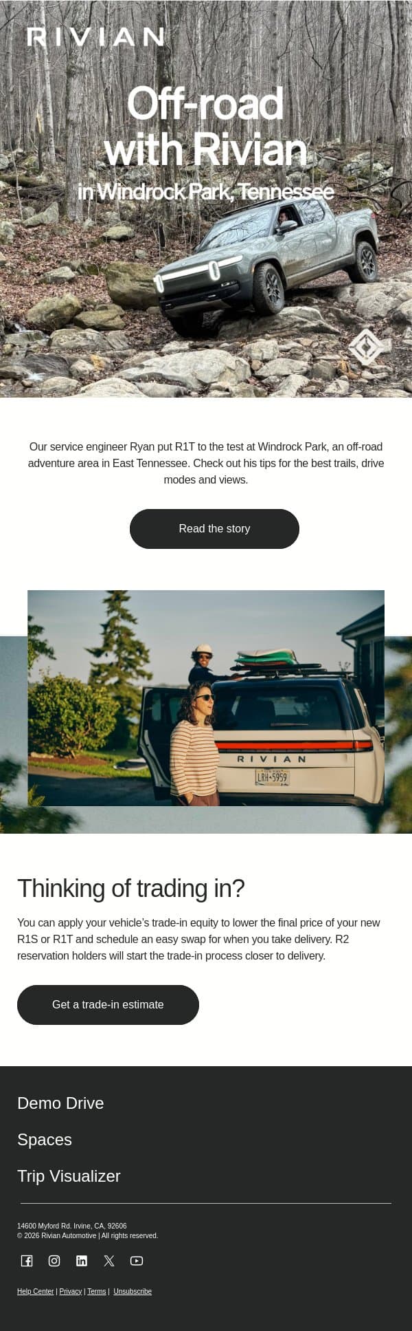 How to off-road like a pro email from Rivian screenshot
