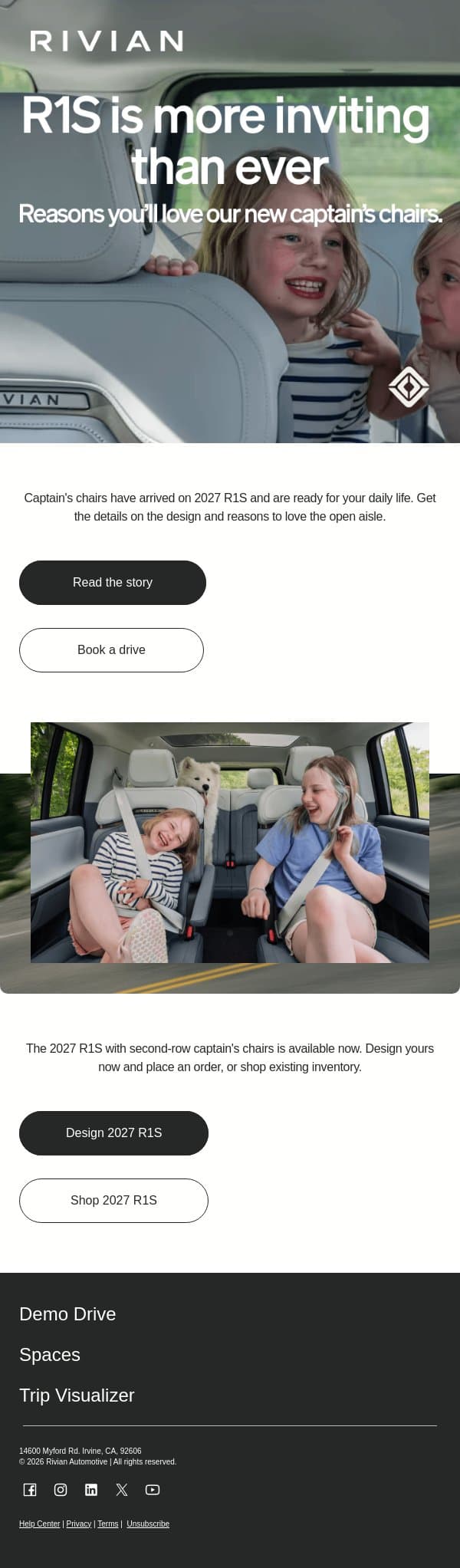 How captain's chairs change the whole cabin email from Rivian screenshot