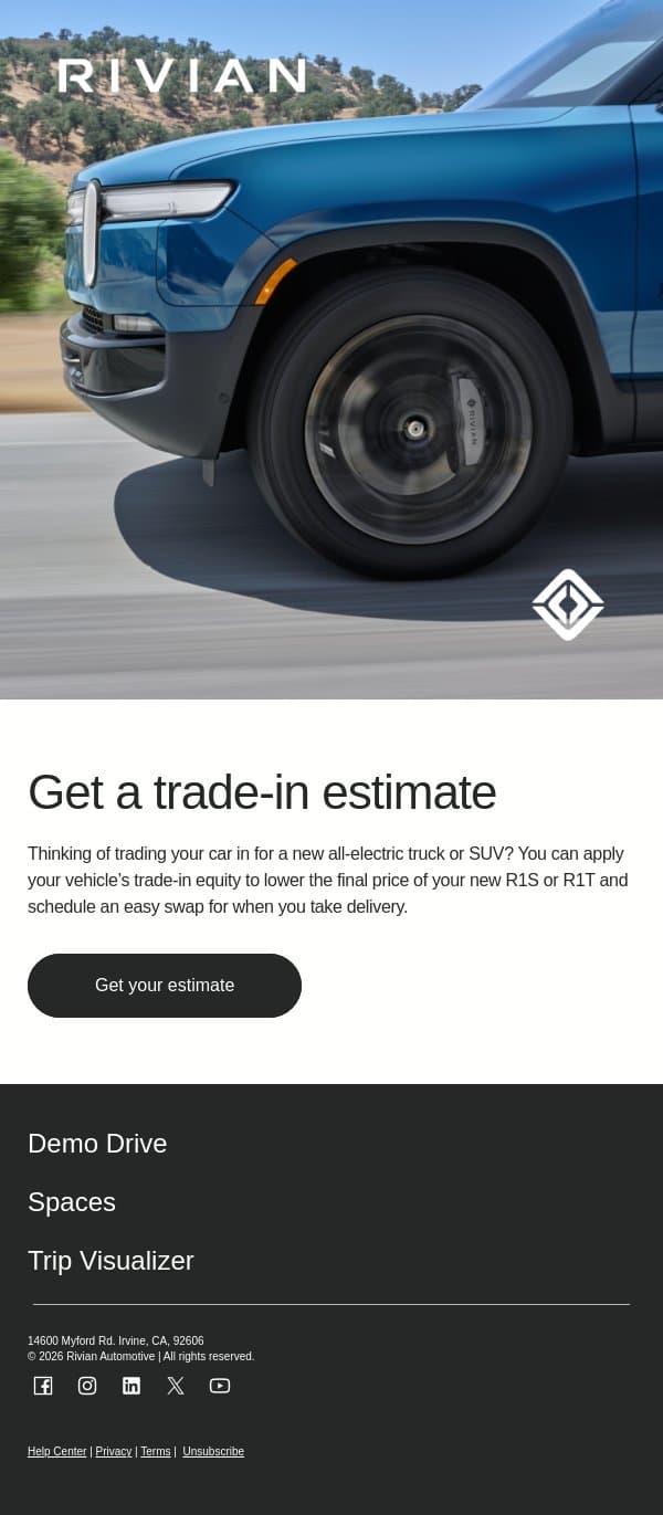 Thinking of trading your car in for a new all-electric truck or SUV? email from Rivian screenshot