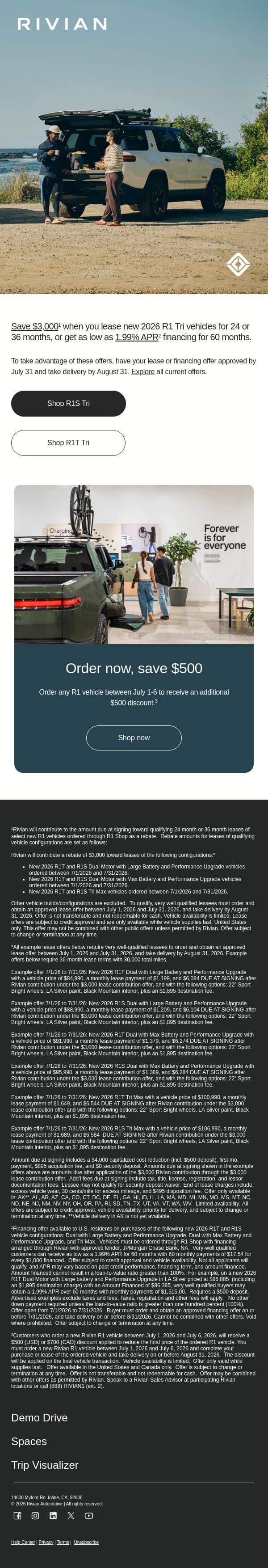 Save on new R1 Tri and get an extra $500 discount email from Rivian screenshot