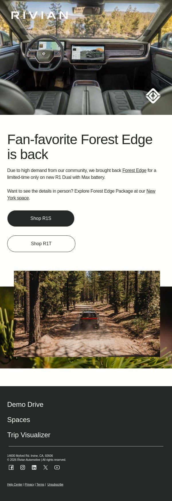 🌲 Forest Edge is back email from Rivian screenshot