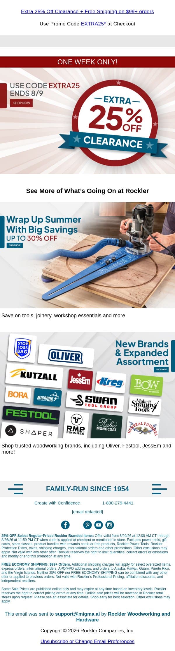 Extra 25% Off Clearance Starts Today, While Supplies Last email from Rockler screenshot