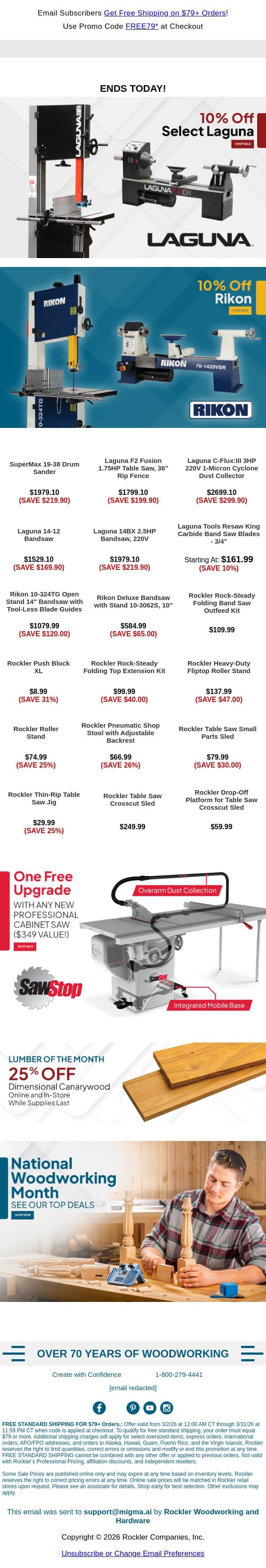 Final Hours — Save 10% on Laguna and Rikon Tools! email from Rockler screenshot