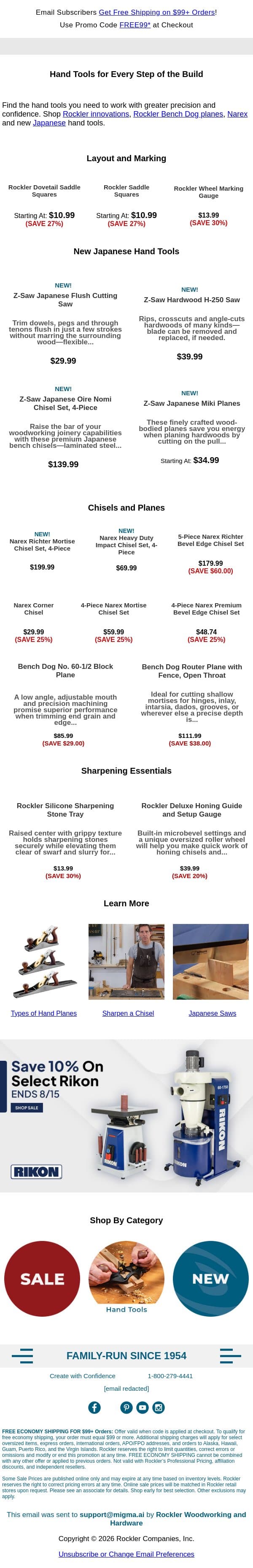 Your Home Base for Hand Tools email from Rockler screenshot