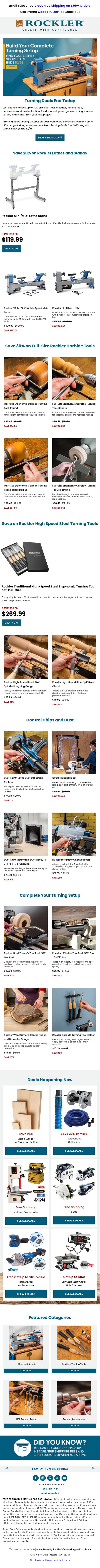 Save Up to 30% on Lathes, Turning Tools & More email from Rockler screenshot