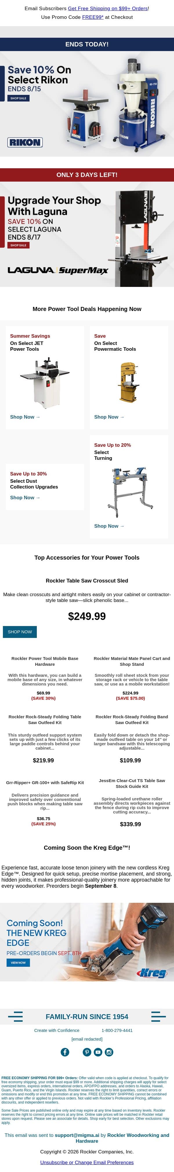 Rikon Ends Today + Last Chance Laguna Savings email from Rockler screenshot