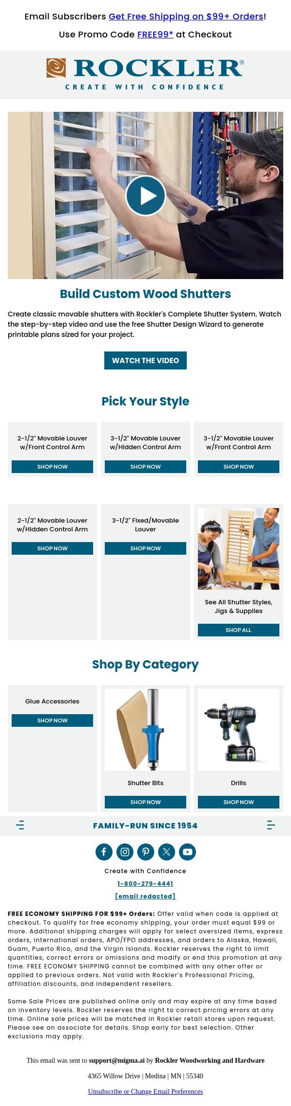 Build Your Own Custom Shutters! email from Rockler screenshot