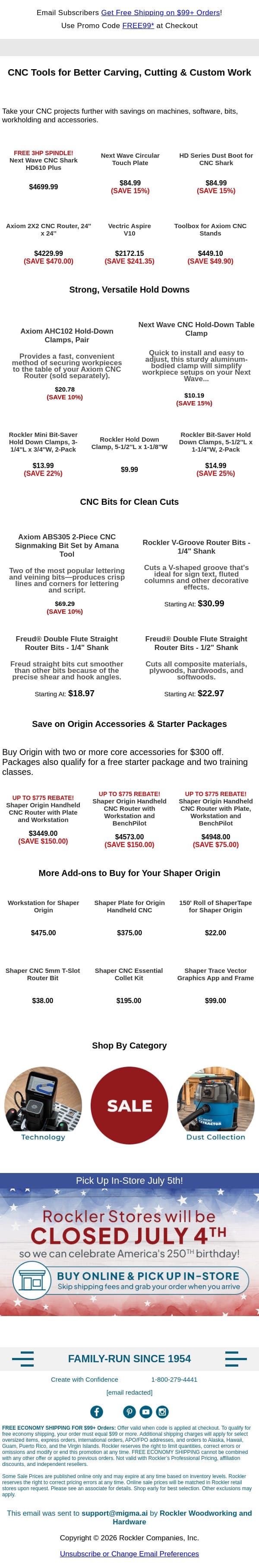Upgrade Your CNC Setup & Save! email from Rockler screenshot